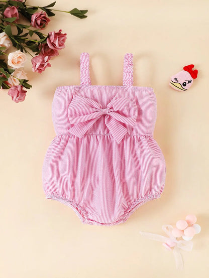 Summer Baby Girl Sweet New Style Cute Casual Halter Onesie Pink Stripe Pink Bow Travel Vacation Comfort Onesie Leedoar