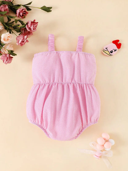 Summer Baby Girl Sweet New Style Cute Casual Halter Onesie Pink Stripe Pink Bow Travel Vacation Comfort Onesie Leedoar