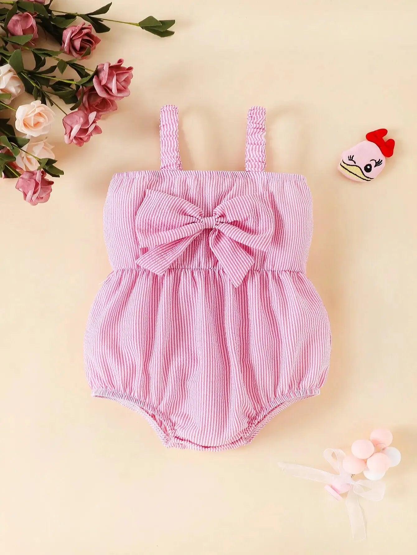 Summer Baby Girl Sweet New Style Cute Casual Halter Onesie Pink Stripe Pink Bow Travel Vacation Comfort Onesie Leedoar