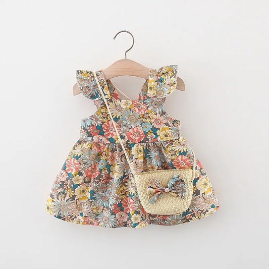 Summer Baby Girl's Dress New Vintage Garden Flower Flying Sleeve Dress with Straw Bag Leedoar