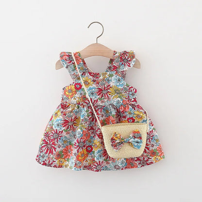 Summer Baby Girl's Dress New Vintage Garden Flower Flying Sleeve Dress with Straw Bag Leedoar
