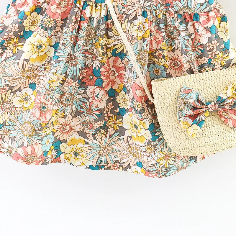 Summer Baby Girl's Dress New Vintage Garden Flower Flying Sleeve Dress with Straw Bag Leedoar