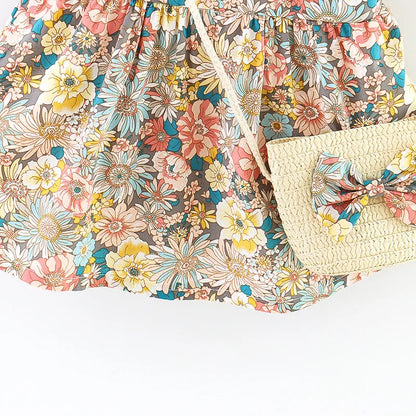 Summer Baby Girl's Dress New Vintage Garden Flower Flying Sleeve Dress with Straw Bag Leedoar