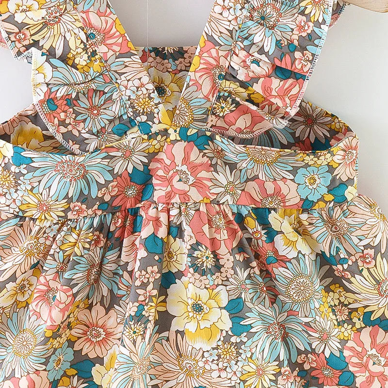 Summer Baby Girl's Dress New Vintage Garden Flower Flying Sleeve Dress with Straw Bag Leedoar