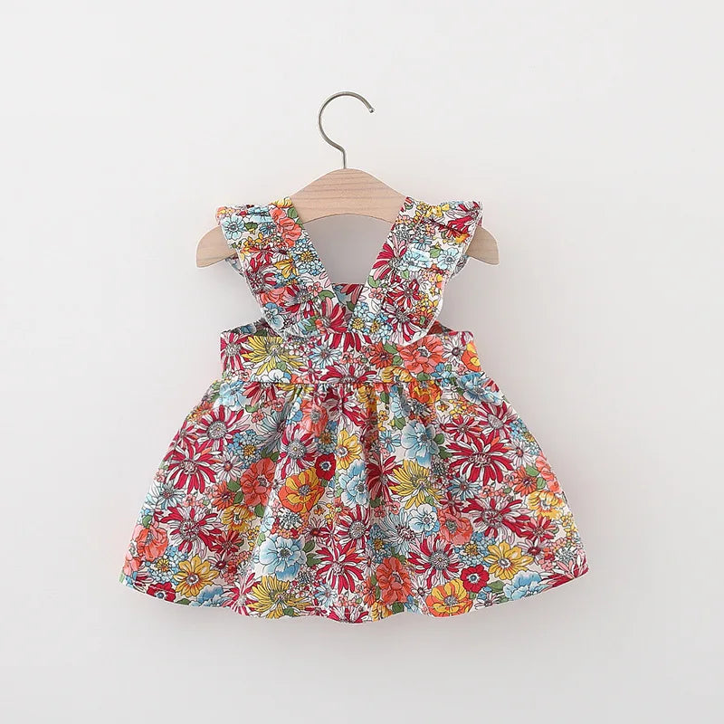 Summer Baby Girl's Dress New Vintage Garden Flower Flying Sleeve Dress with Straw Bag Leedoar