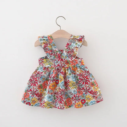 Summer Baby Girl's Dress New Vintage Garden Flower Flying Sleeve Dress with Straw Bag Leedoar