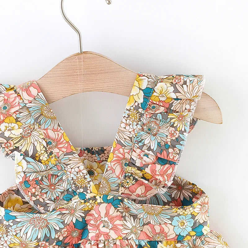 Summer Baby Girl's Dress New Vintage Garden Flower Flying Sleeve Dress with Straw Bag Leedoar