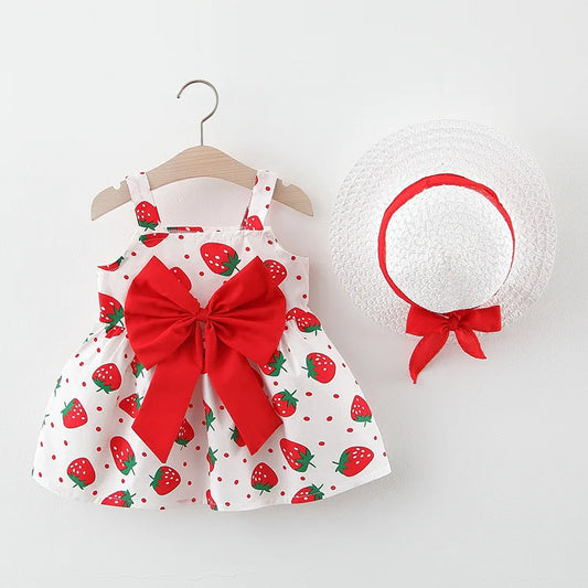 Vestido de verano para niña con estampado de fresas y lunares redondos pequeños, lazo en el pecho, vestido informal diario con sombrero 