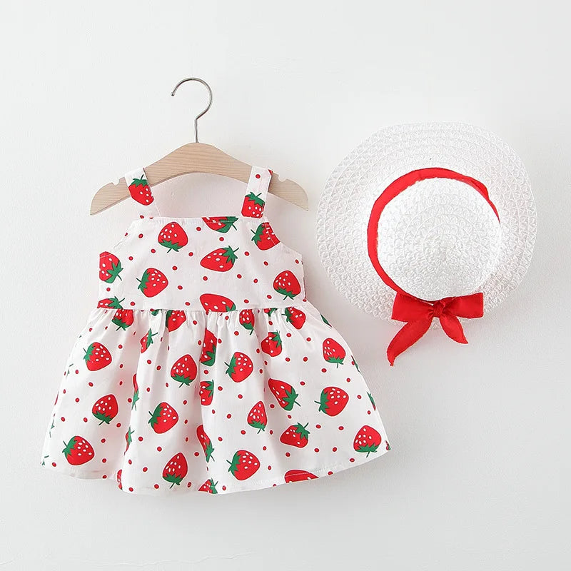 Summer Baby Girl's Dress Small Round Dot Strawberry Print Chest Bow Daily Casual Dress with Hat Leedoar