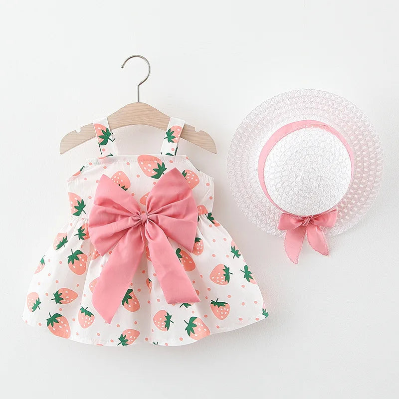 Summer Baby Girl's Dress Small Round Dot Strawberry Print Chest Bow Daily Casual Dress with Hat Leedoar