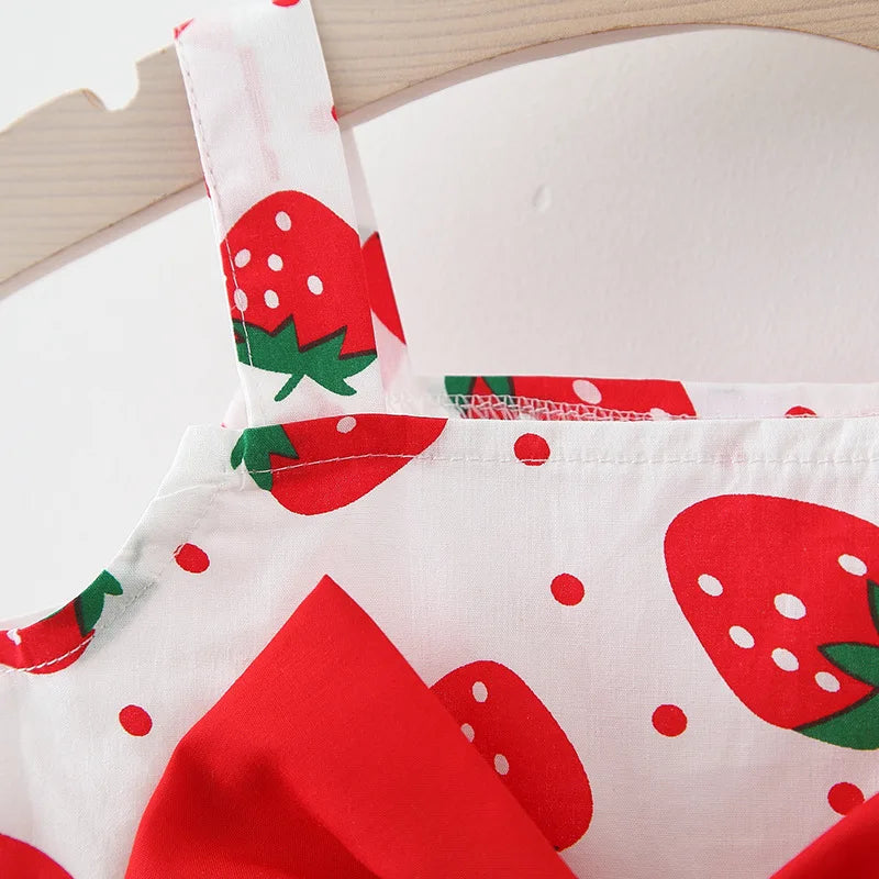 Summer Baby Girl's Dress Small Round Dot Strawberry Print Chest Bow Daily Casual Dress with Hat Leedoar