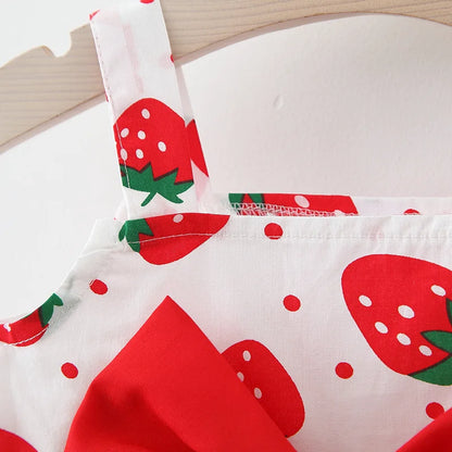 Summer Baby Girl's Dress Small Round Dot Strawberry Print Chest Bow Daily Casual Dress with Hat Leedoar