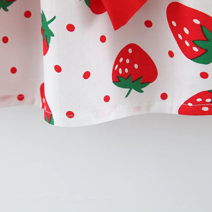 Summer Baby Girl's Dress Small Round Dot Strawberry Print Chest Bow Daily Casual Dress with Hat Leedoar