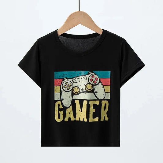 Summer Boy Black Cute Game Machine Pattern Short Sleeve Casual Loose T Leedoar