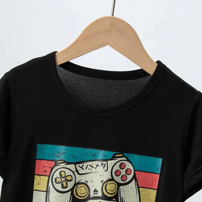 Summer Boy Black Cute Game Machine Pattern Short Sleeve Casual Loose T Leedoar