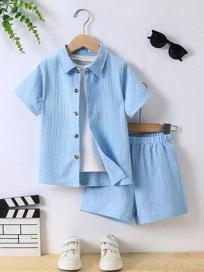 Summer Boys' Sets Blue Wave Shirt Shorts Casual Two-Piece Simple Kids Clothing Leedoar