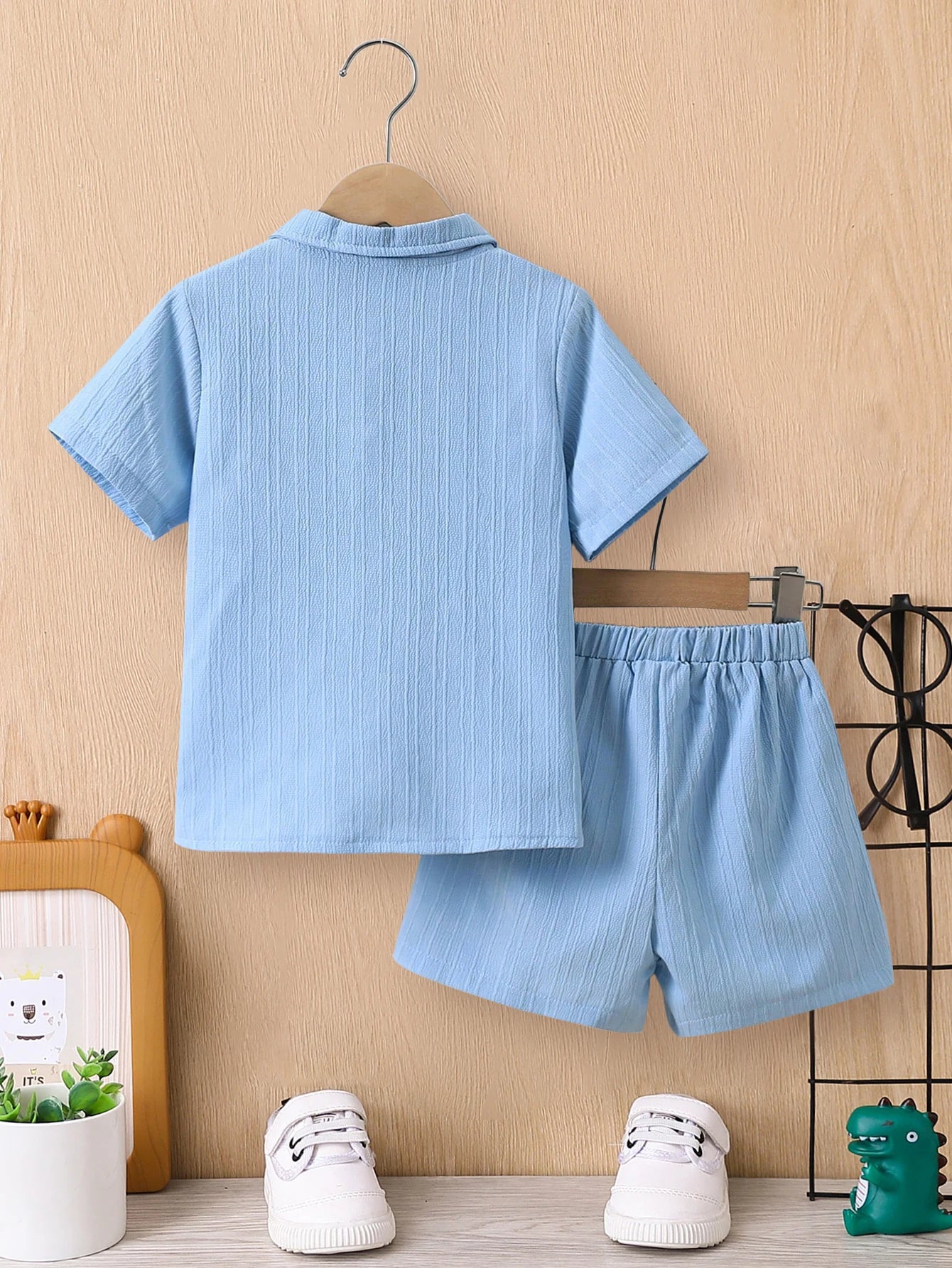 Summer Boys' Sets Blue Wave Shirt Shorts Casual Two-Piece Simple Kids Clothing Leedoar