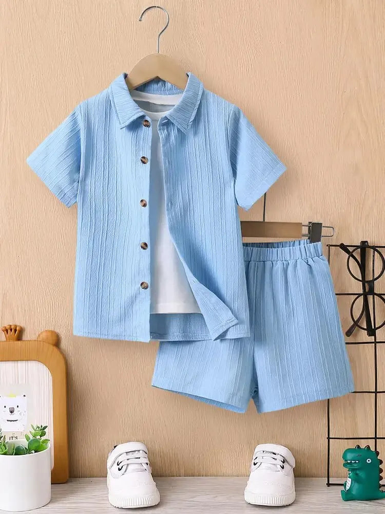 Summer Boys' Sets Blue Wave Shirt Shorts Casual Two-Piece Simple Kids Clothing Leedoar