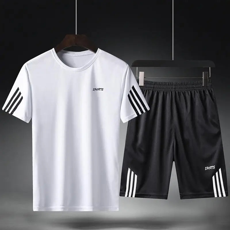 Summer Breathable Sports Suit Men's Short-Sleeved Shorts Loose Quick Drying T-Shirt Short Quarter Pants Casual Running Suit Leedoar