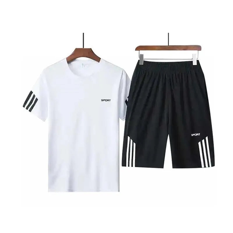 Summer Breathable Sports Suit Men's Short-Sleeved Shorts Loose Quick Drying T-Shirt Short Quarter Pants Casual Running Suit Leedoar