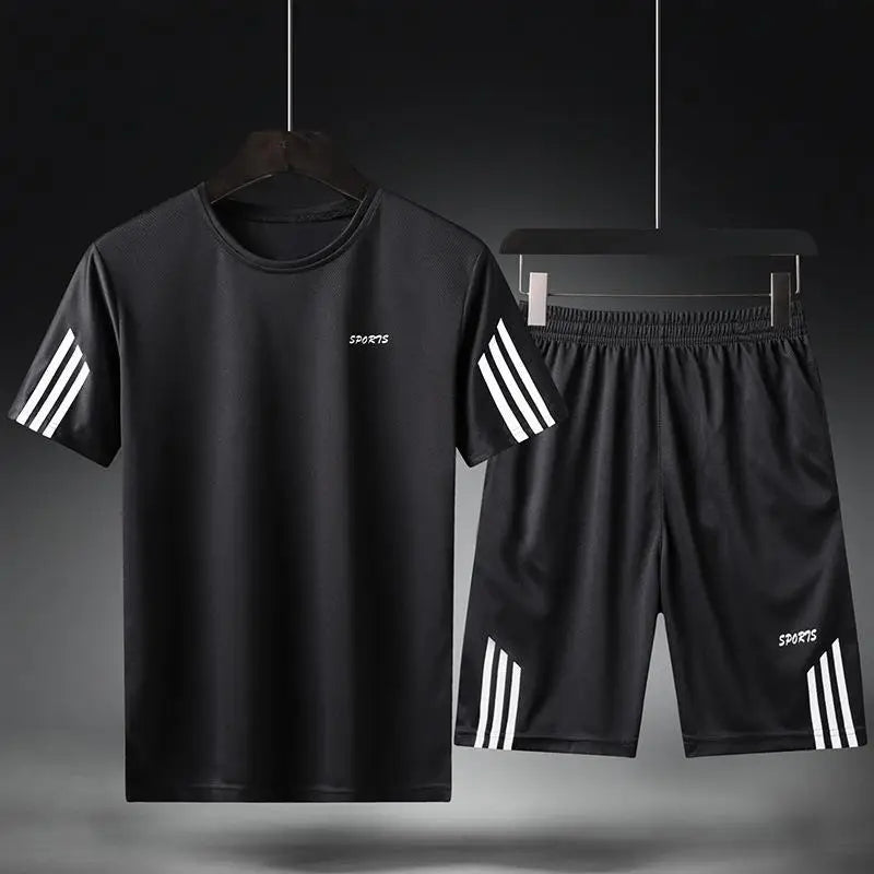 Summer Breathable Sports Suit Men's Short-Sleeved Shorts Loose Quick Drying T-Shirt Short Quarter Pants Casual Running Suit Leedoar