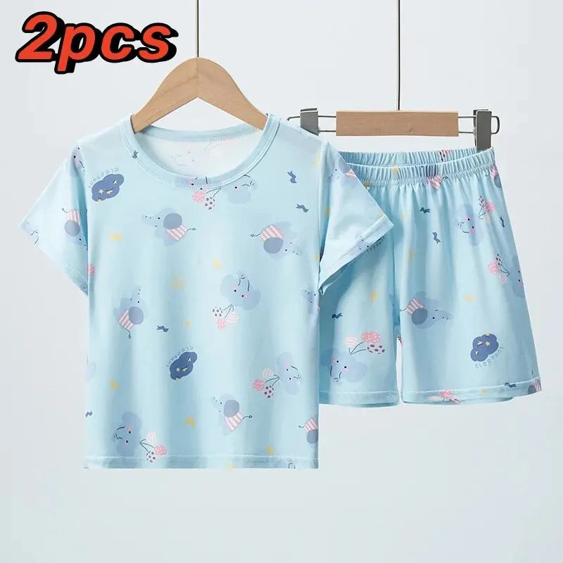 Summer CHILDREN'S Clothing Short Sleeve Shorts 2-piece Suit for Boys and Girls Comfortable Wild Blue Elephant Suit. Leedoar