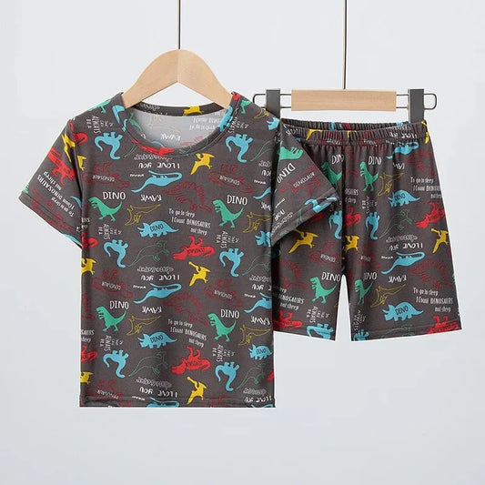 Summer CHILDREN'S Shorts and Short Sleeves 2-piece Cute Dinosaur Home Clothes Boys and Girls Casual Joker Suit. Leedoar