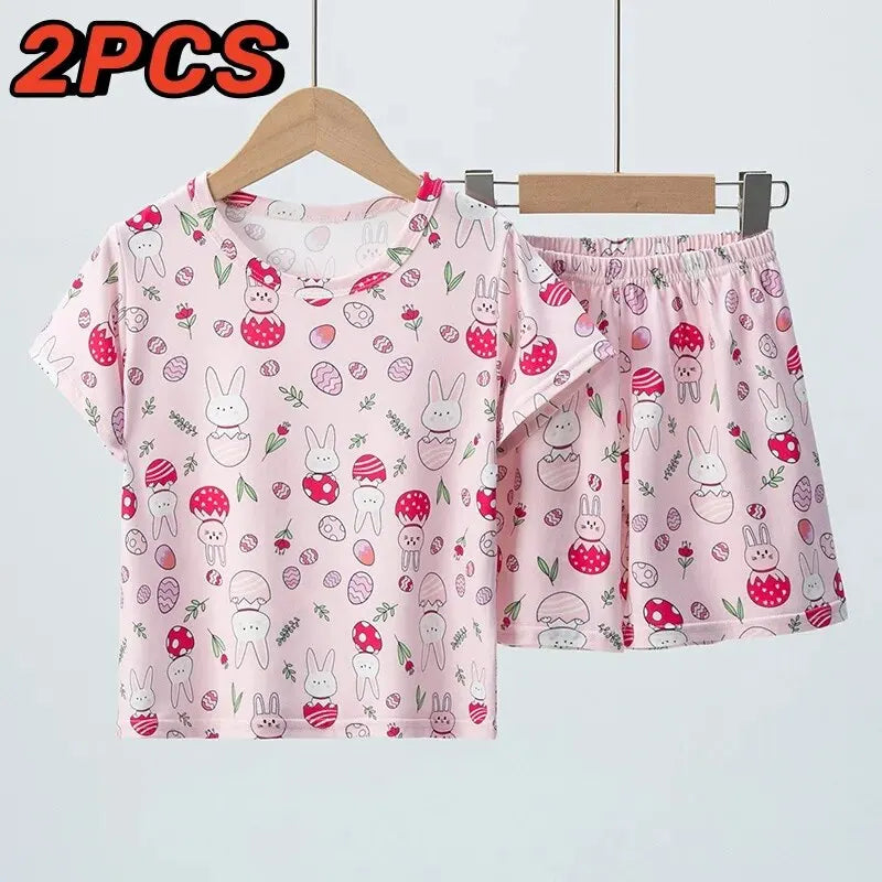 Summer CHILDREN'S Shorts and Short Sleeves 2-piece Pink Rabbit Girl Joker Casual Suit Home Clothes Leedoar