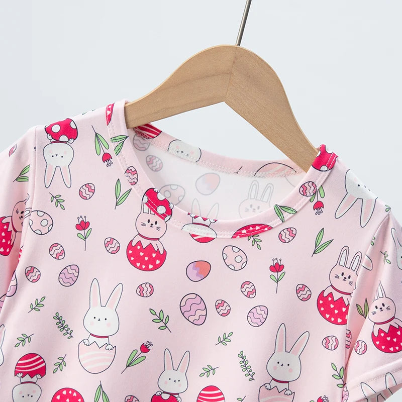 Summer CHILDREN'S Shorts and Short Sleeves 2-piece Pink Rabbit Girl Joker Casual Suit Home Clothes Leedoar