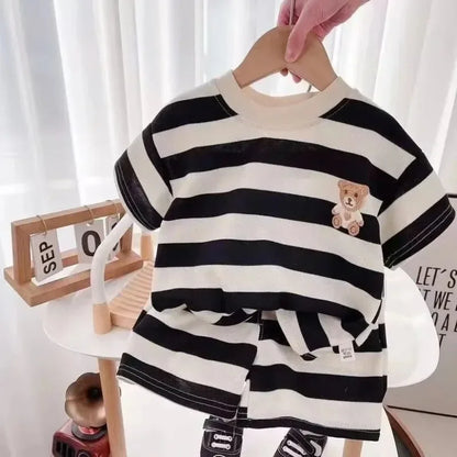 Summer Children Sets Boys Girls Short-sleeved Striped T-shirt +Shorts Set Babies Fashion Round Neck Tracksuits Kids Suits Leedoar