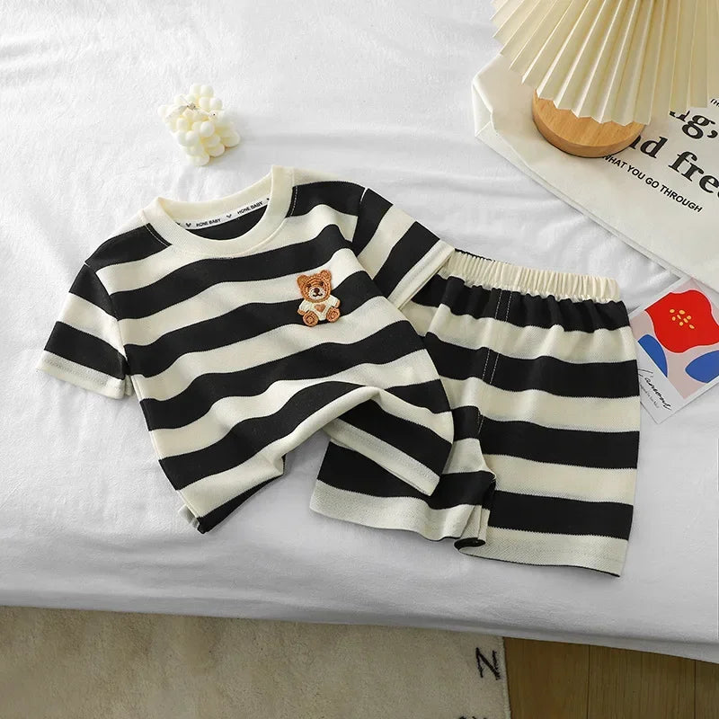 Summer Children Sets Boys Girls Short-sleeved Striped T-shirt +Shorts Set Babies Fashion Round Neck Tracksuits Kids Suits Leedoar