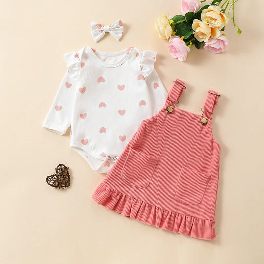 Summer Elegance: 3PCS Adorable Love Long Sleeves  Suspender Dress Set - Comfortable, Medium-Stretch, Machine-Washable for Baby G Leedoar