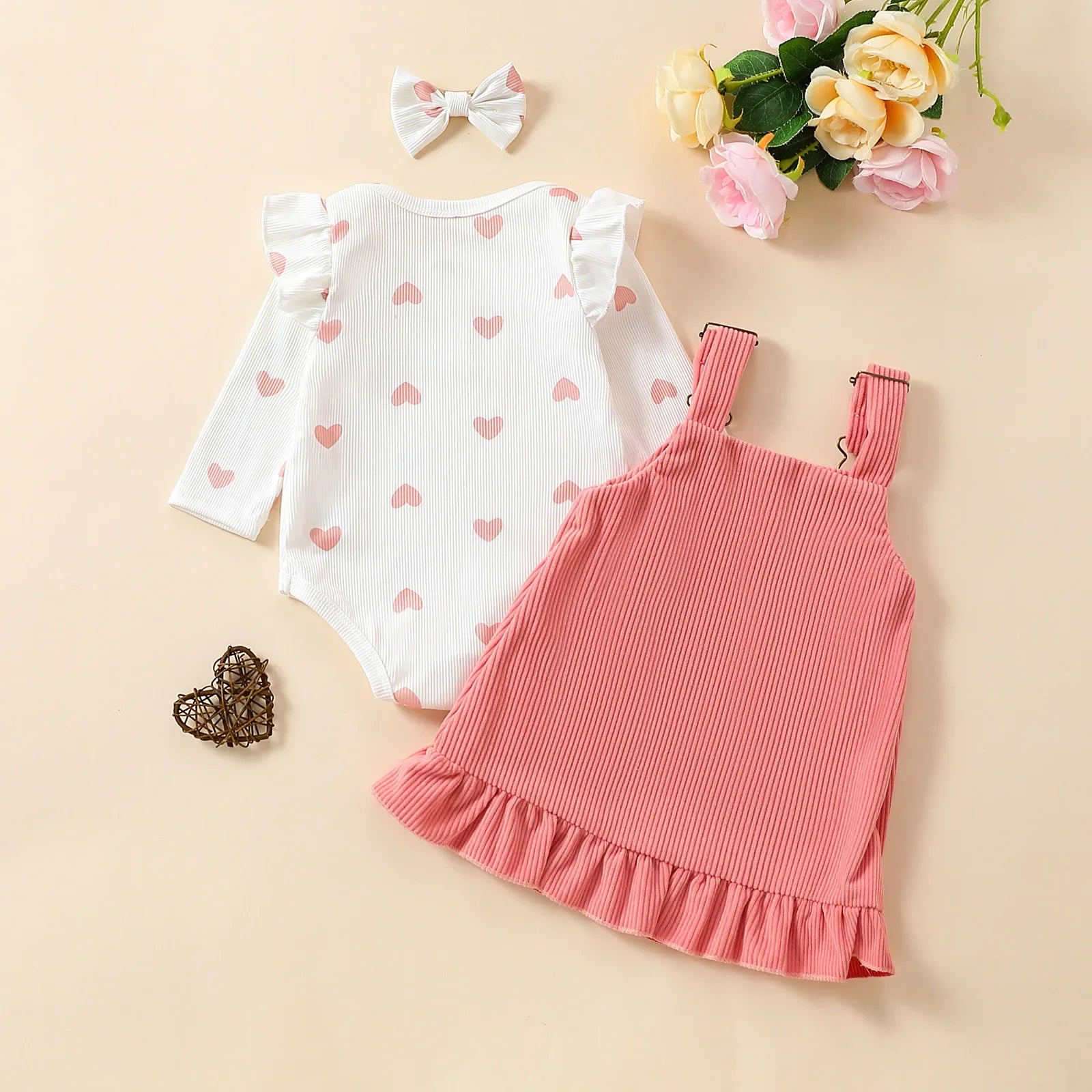 Summer Elegance: 3PCS Adorable Love Long Sleeves  Suspender Dress Set - Comfortable, Medium-Stretch, Machine-Washable for Baby G Leedoar