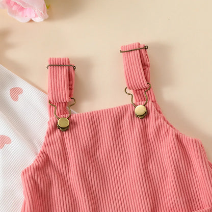 Summer Elegance: 3PCS Adorable Love Long Sleeves  Suspender Dress Set - Comfortable, Medium-Stretch, Machine-Washable for Baby G Leedoar