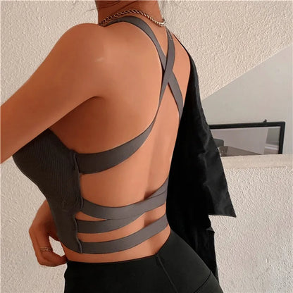 Summer Fashion Sexy Crop Top Women Bra Hollowed Back Cross Strap Yoga Sports Bra Breathable Underwear Female Fitness Vest Leedoar