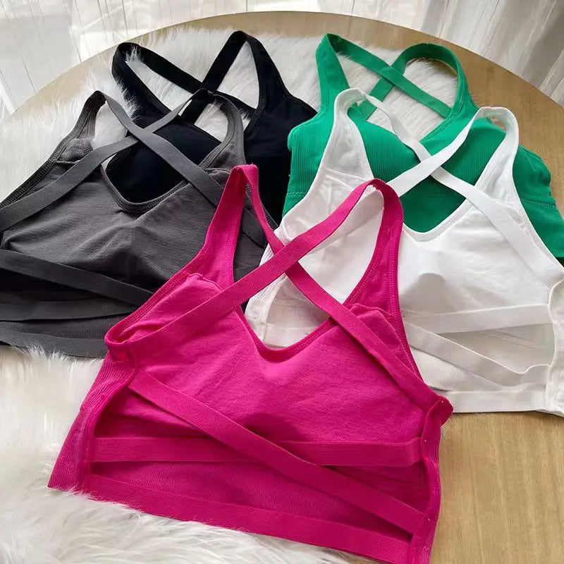 Summer Fashion Sexy Crop Top Women Bra Hollowed Back Cross Strap Yoga Sports Bra Breathable Underwear Female Fitness Vest Leedoar