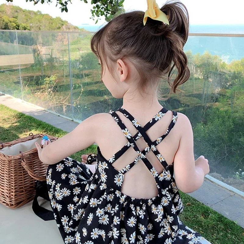 Summer Girl Backless Daisy Suspender Dress Seaside Holiday Children's Clothing 1-6Y Leedoar