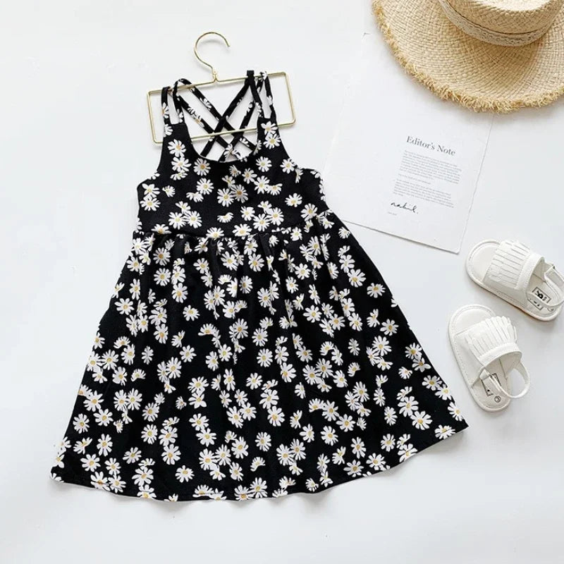 Summer Girl Backless Daisy Suspender Dress Seaside Holiday Children's Clothing 1-6Y Leedoar