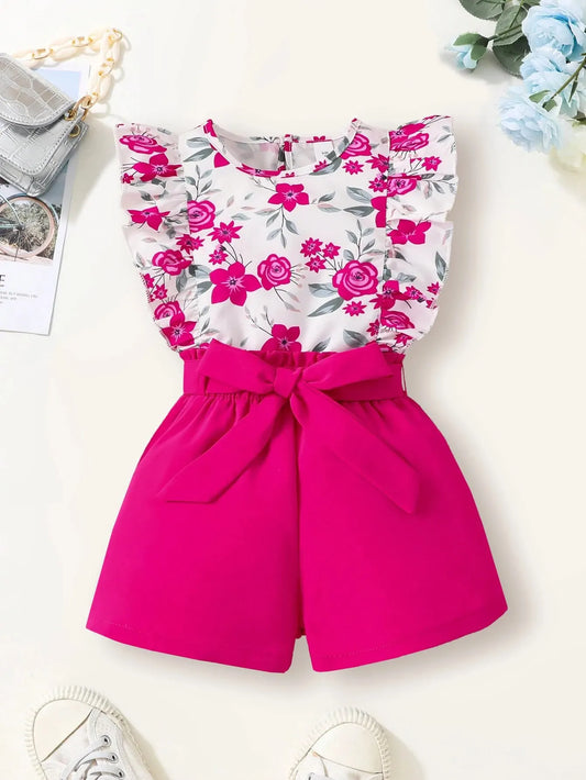 Summer Girls Jumpsuit Vest Shorts Belt Fashionable and Cheap Children's Clothing 4-7Y Leedoar