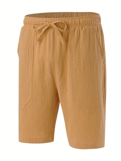 Summer MEN'S Cotton and Linen Shorts Drawstring Elastic Waist Straight Leg Solid Color Breathable Daily Beach Five Casual Pants Leedoar