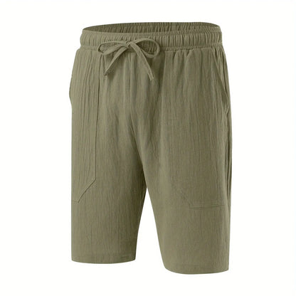 Summer MEN'S Cotton and Linen Shorts Drawstring Elastic Waist Straight Leg Solid Color Breathable Daily Beach Five Casual Pants Leedoar