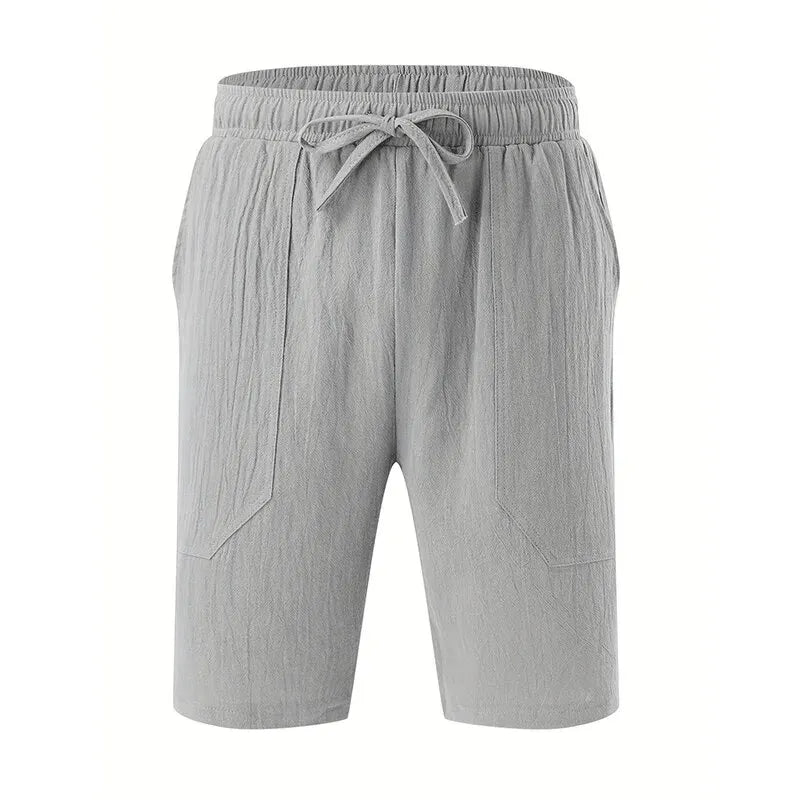 Summer MEN'S Cotton and Linen Shorts Drawstring Elastic Waist Straight Leg Solid Color Breathable Daily Beach Five Casual Pants Leedoar