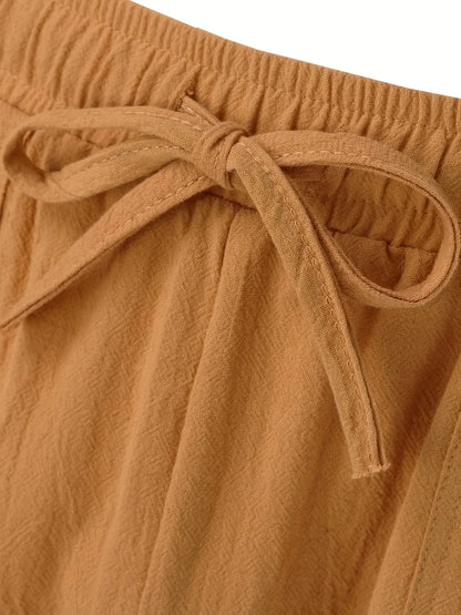 Summer MEN'S Cotton and Linen Shorts Drawstring Elastic Waist Straight Leg Solid Color Breathable Daily Beach Five Casual Pants Leedoar