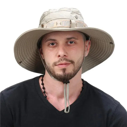 Summer Men Bucket Hat Outdoor UV Protection Wide Brim Panama Safari Hunting Hiking Hat Mesh Fisherman Hat Beach Sunscreen Cap Leedoar