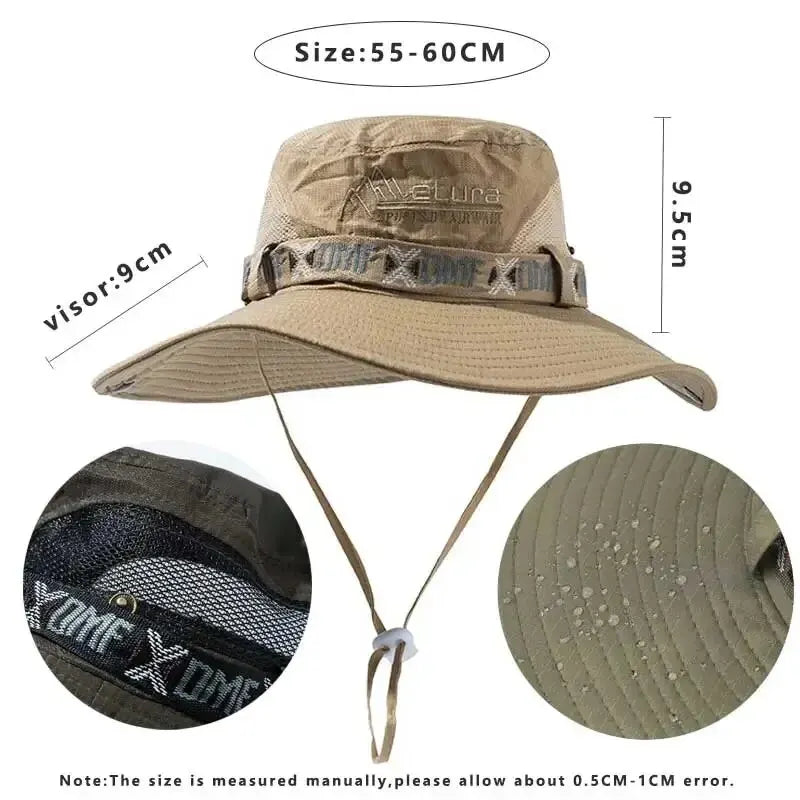 Summer Men Bucket Hat Outdoor UV Protection Wide Brim Panama Safari Hunting Hiking Hat Mesh Fisherman Hat Beach Sunscreen Cap Leedoar