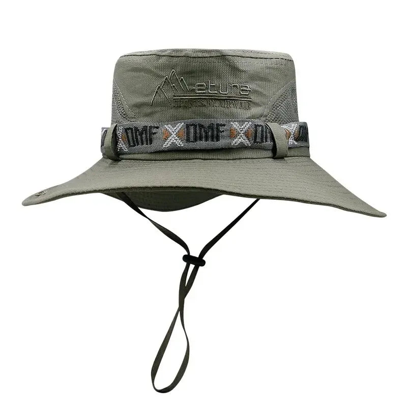 Summer Men Bucket Hat Outdoor UV Protection Wide Brim Panama Safari Hunting Hiking Hat Mesh Fisherman Hat Beach Sunscreen Cap Leedoar