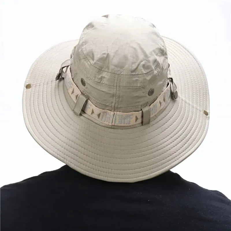 Summer Men Bucket Hat Outdoor UV Protection Wide Brim Panama Safari Hunting Hiking Hat Mesh Fisherman Hat Beach Sunscreen Cap Leedoar