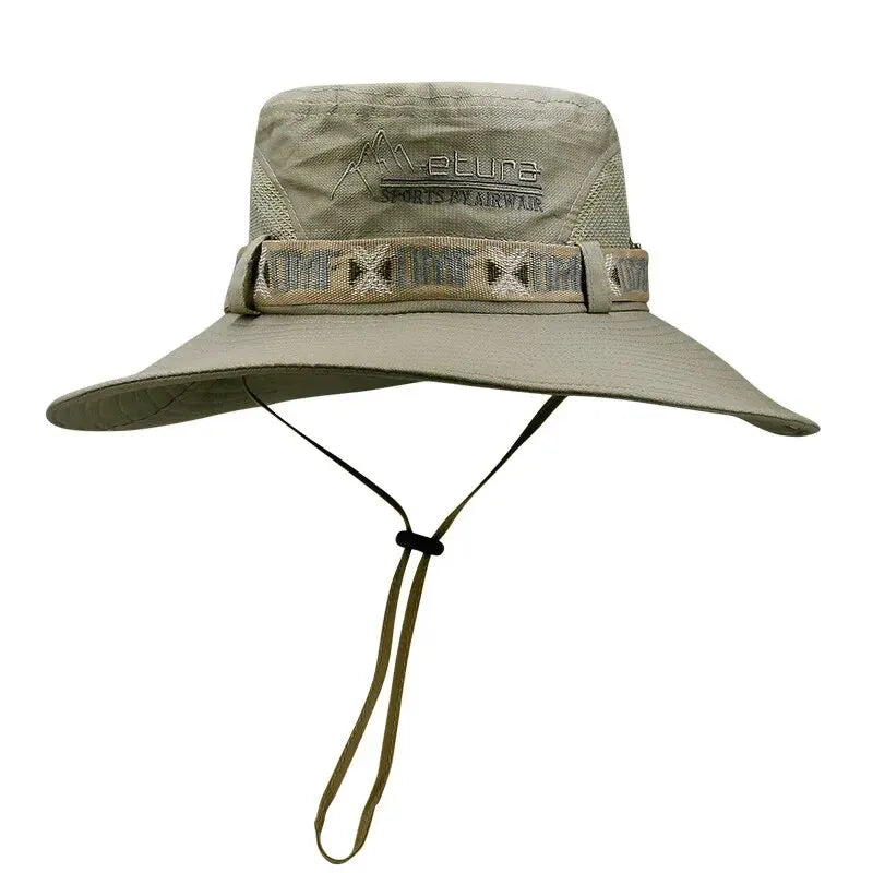 Summer Men Bucket Hat Outdoor UV Protection Wide Brim Panama Safari Hunting Hiking Hat Mesh Fisherman Hat Beach Sunscreen Cap Leedoar