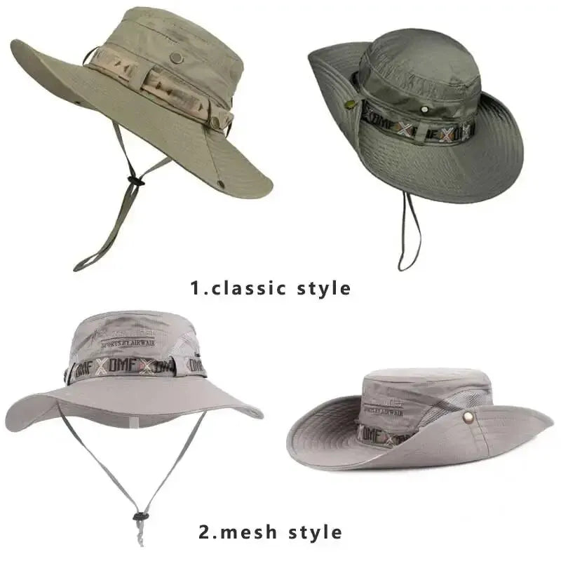 Summer Men Bucket Hat Outdoor UV Protection Wide Brim Panama Safari Hunting Hiking Hat Mesh Fisherman Hat Beach Sunscreen Cap Leedoar