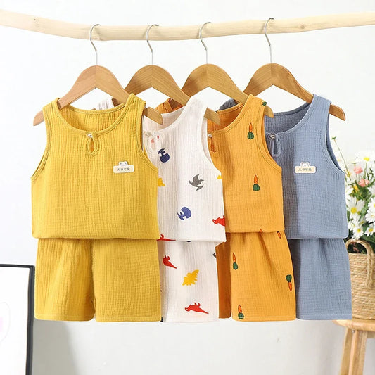 Summer New Gauze Cotton Boys And Girls Tank Tops + Shorts Suit Korean Children's Baby Home Clothes Infant 2pcs Sets Leedoar